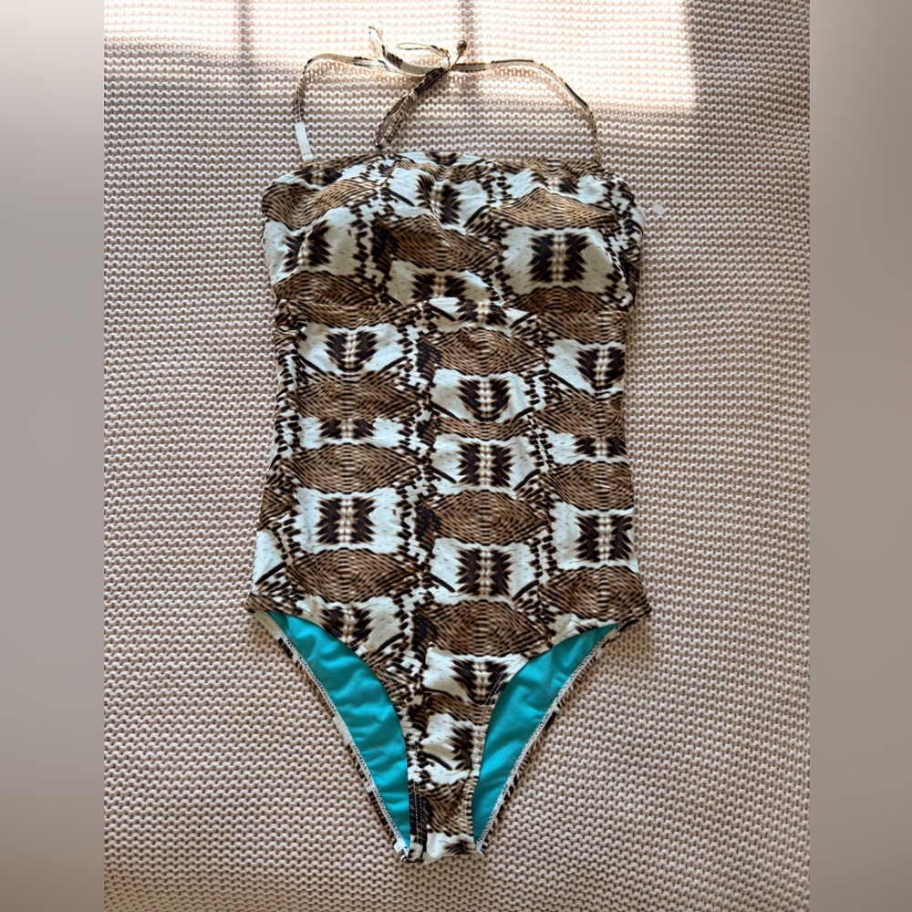 Kensie Brown and White snake Printed One-Piece Swimsuit with Teal Lining